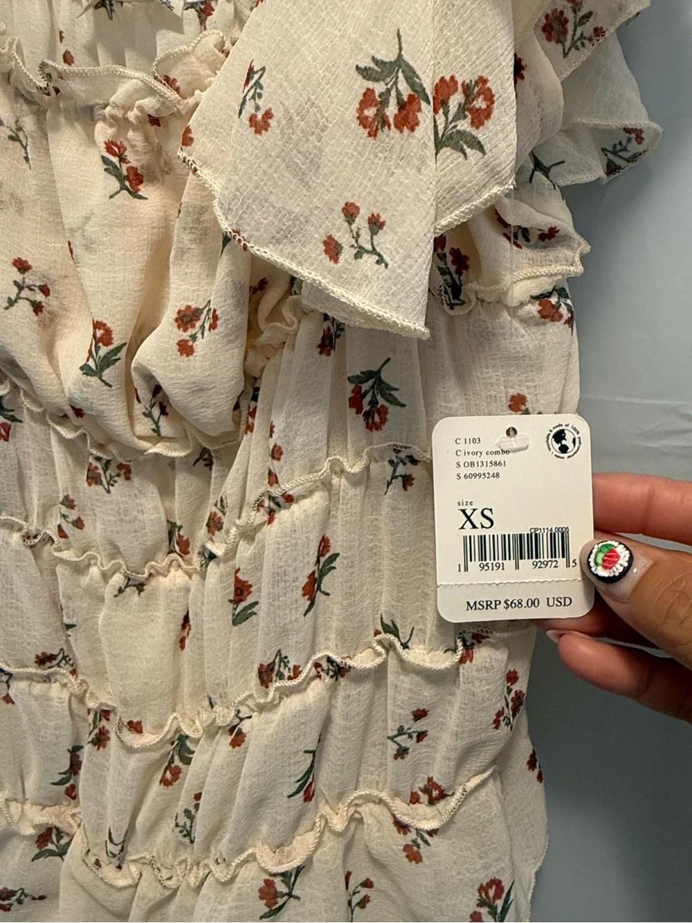 Free People Cream Floral Ruffle Smocked Bodysuit